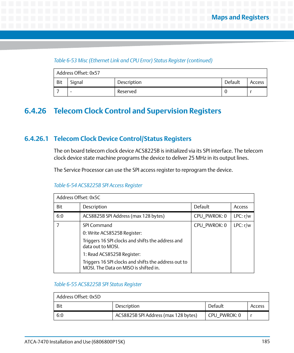 26 telecom clock control and supervision registers, 1 telecom clock device control/status registers, Table 6-54 | Acs8225b spi access register, Table 6-55, Acs8225b spi status register, Maps and registers | Artesyn ATCA-7470 Installation and Use (October 2014) User Manual | Page 185 / 284