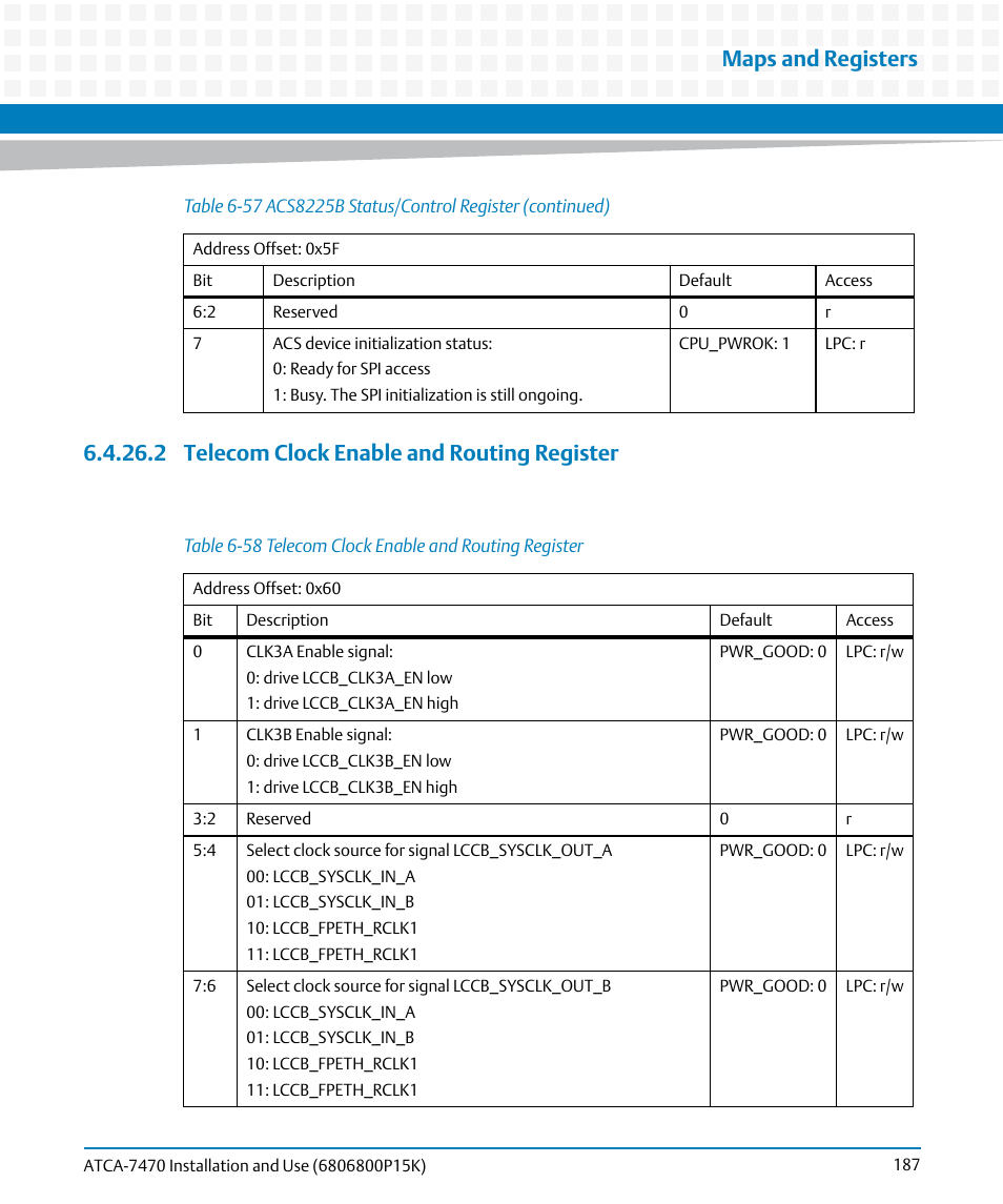 2 telecom clock enable and routing register, Table 6-58, Telecom clock enable and routing register | Maps and registers | Artesyn ATCA-7470 Installation and Use (October 2014) User Manual | Page 187 / 284