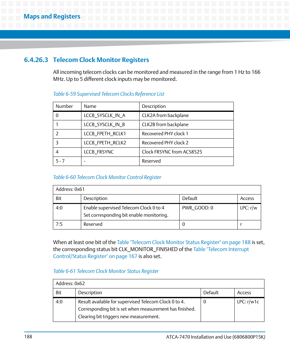 3 telecom clock monitor registers, Table 6-59, Supervised telecom clocks reference list | Table 6-60, Telecom clock monitor control register, Table 6-61, Telecom clock monitor status register, Maps and registers | Artesyn ATCA-7470 Installation and Use (October 2014) User Manual | Page 188 / 284