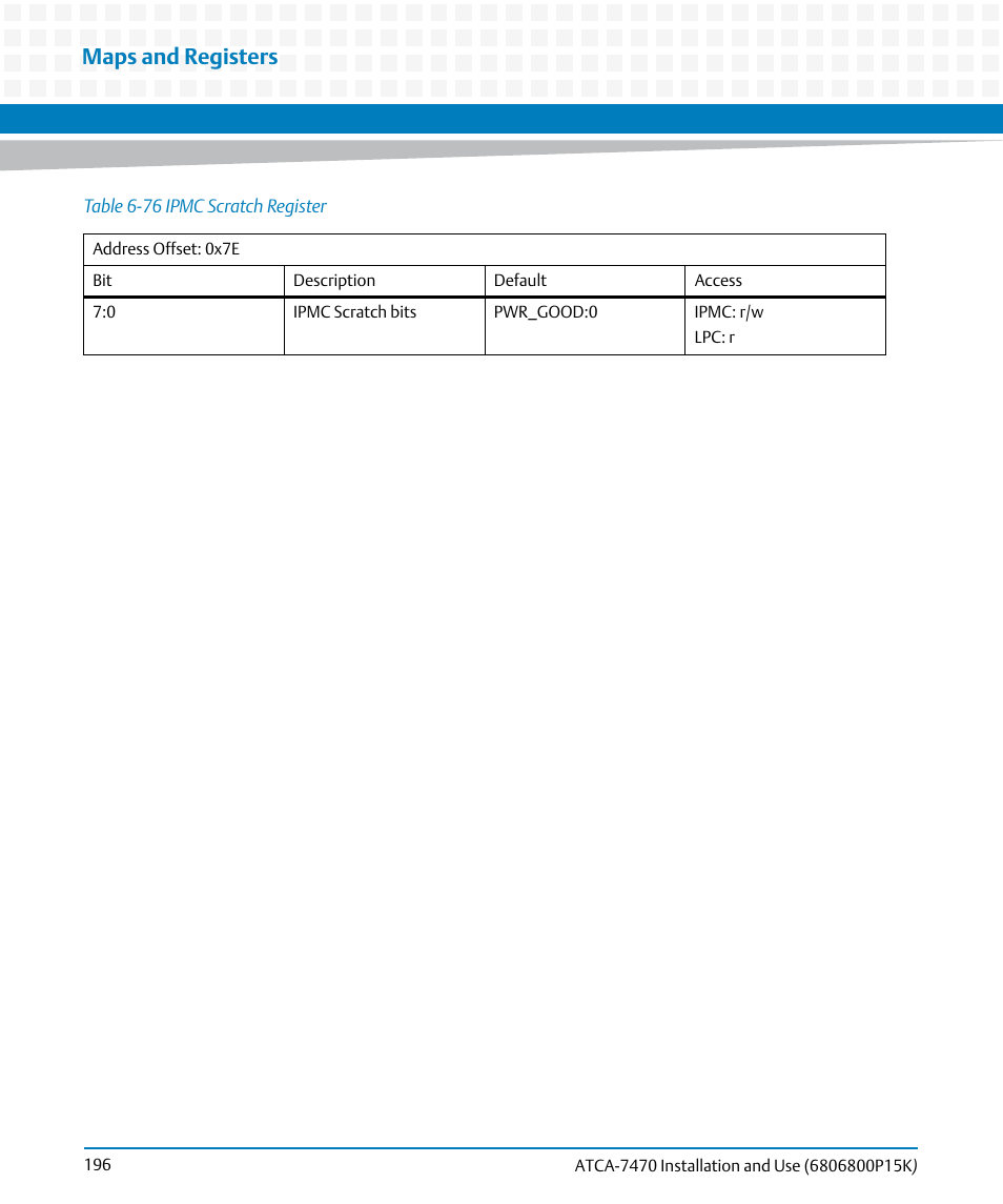 Table 6-76, Ipmc scratch register, Maps and registers | Artesyn ATCA-7470 Installation and Use (October 2014) User Manual | Page 196 / 284