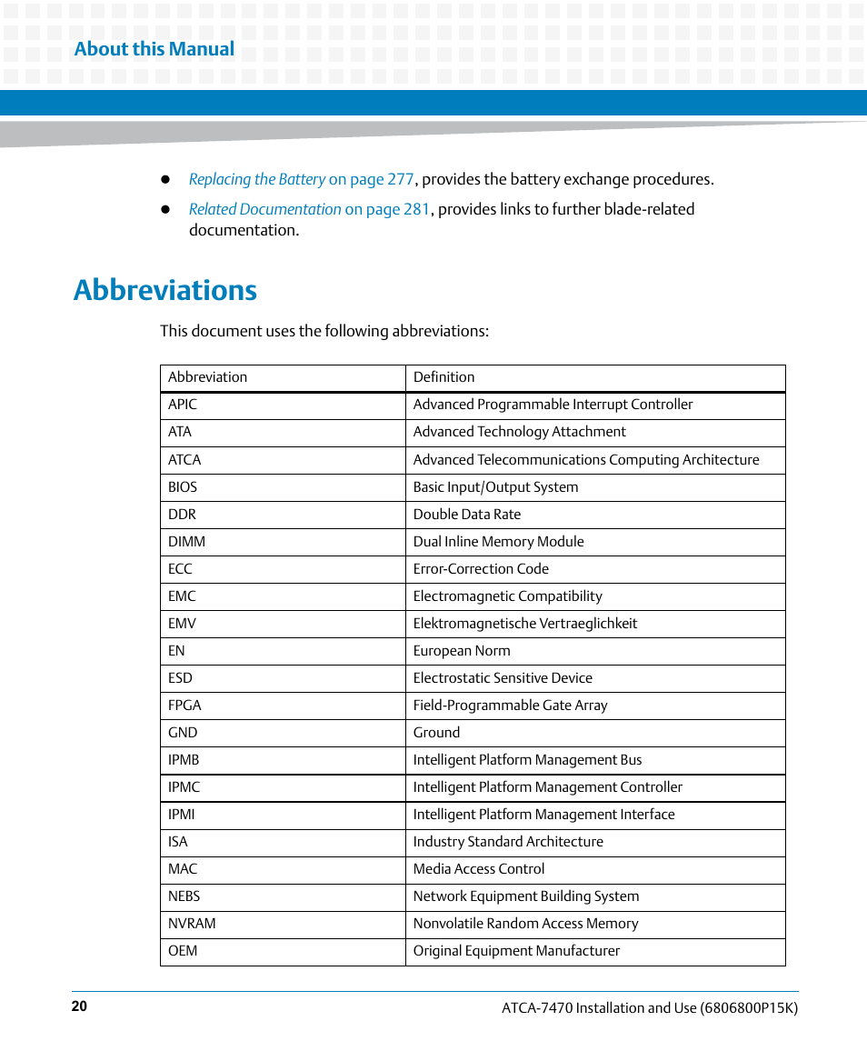 Abbreviations, About this manual | Artesyn ATCA-7470 Installation and Use (October 2014) User Manual | Page 20 / 284