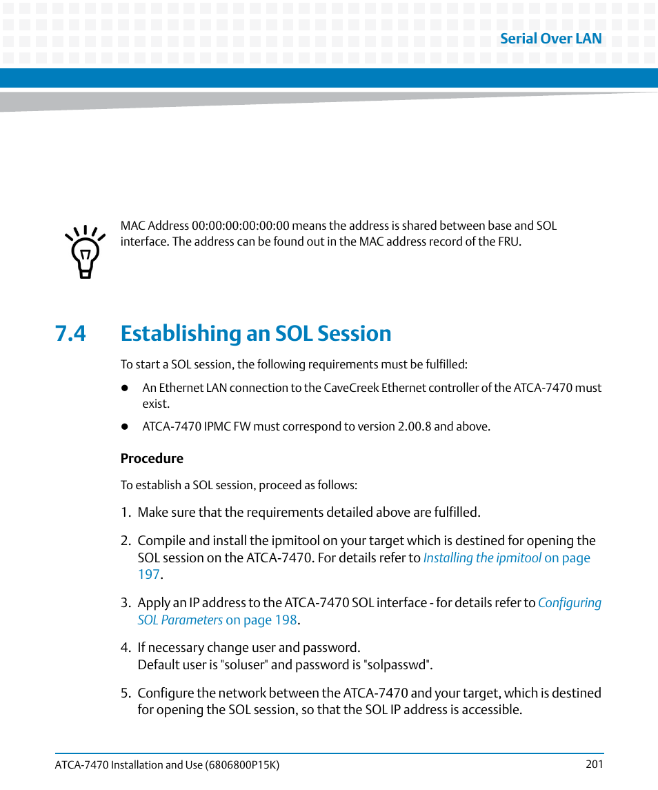 4 establishing an sol session | Artesyn ATCA-7470 Installation and Use (October 2014) User Manual | Page 201 / 284