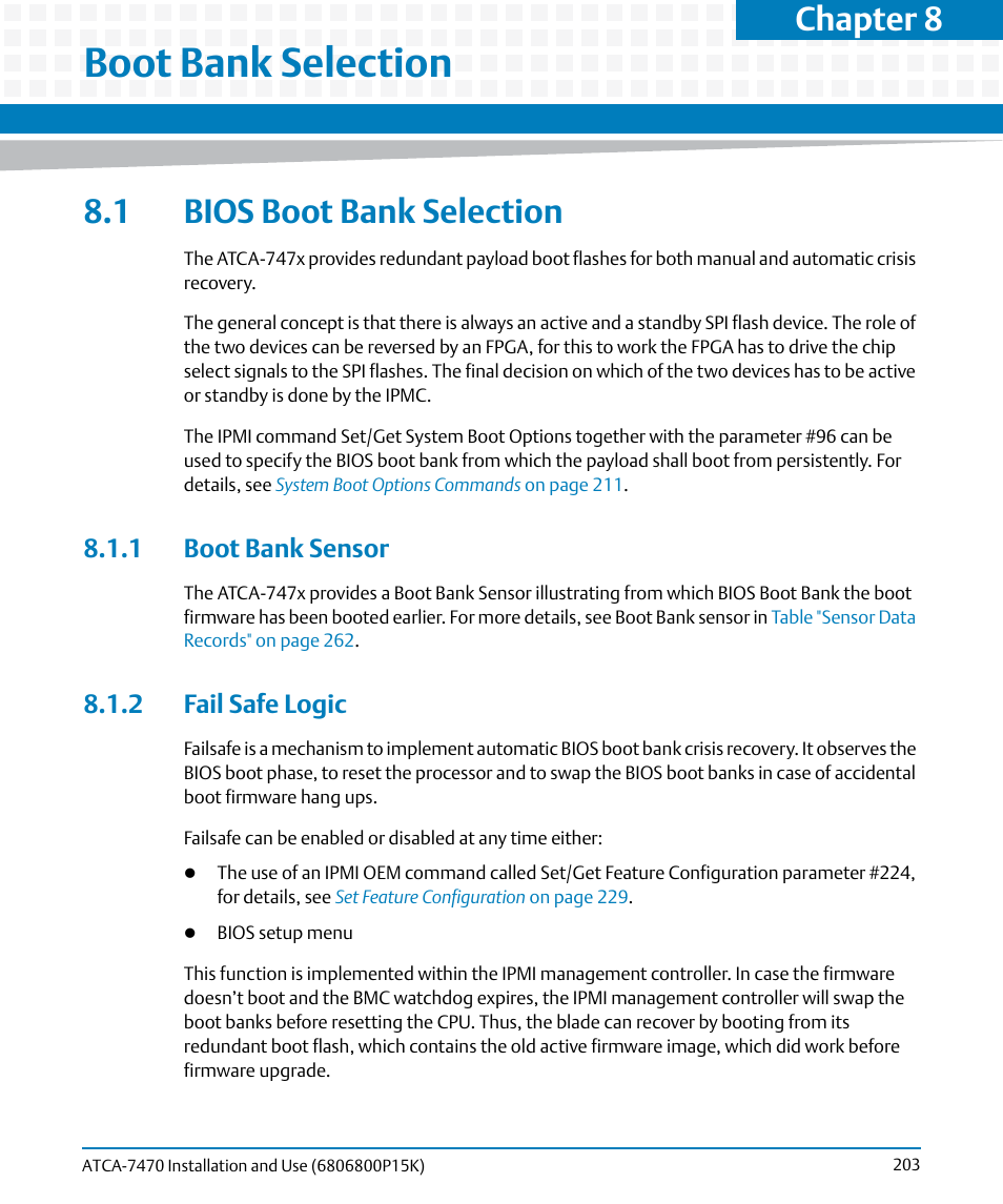 Boot bank selection, 1 bios boot bank selection, 1 boot bank sensor | 2 fail safe logic, 1 boot bank sensor 8.1.2 fail safe logic, Chapter 8, boot bank selection, Chapter 8 | Artesyn ATCA-7470 Installation and Use (October 2014) User Manual | Page 203 / 284