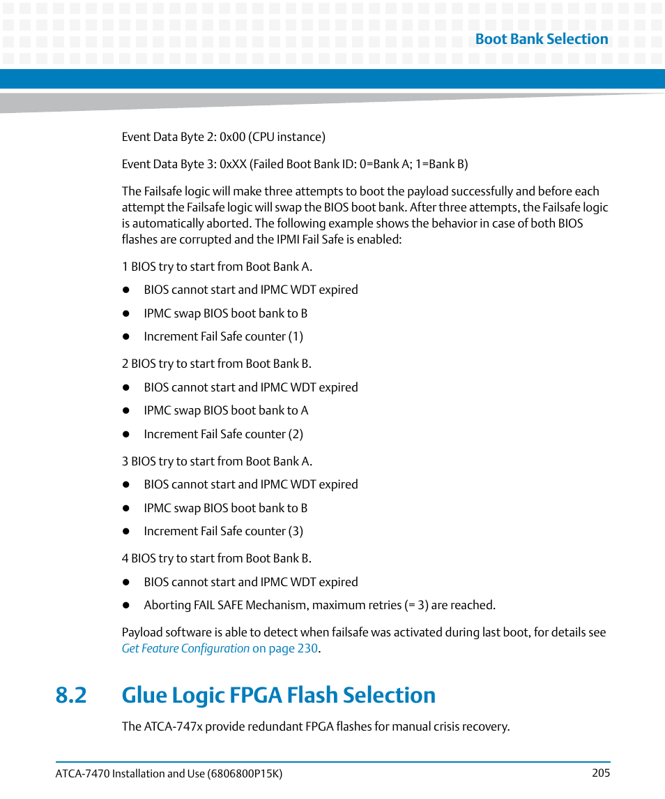 2 glue logic fpga flash selection, Boot bank selection | Artesyn ATCA-7470 Installation and Use (October 2014) User Manual | Page 205 / 284