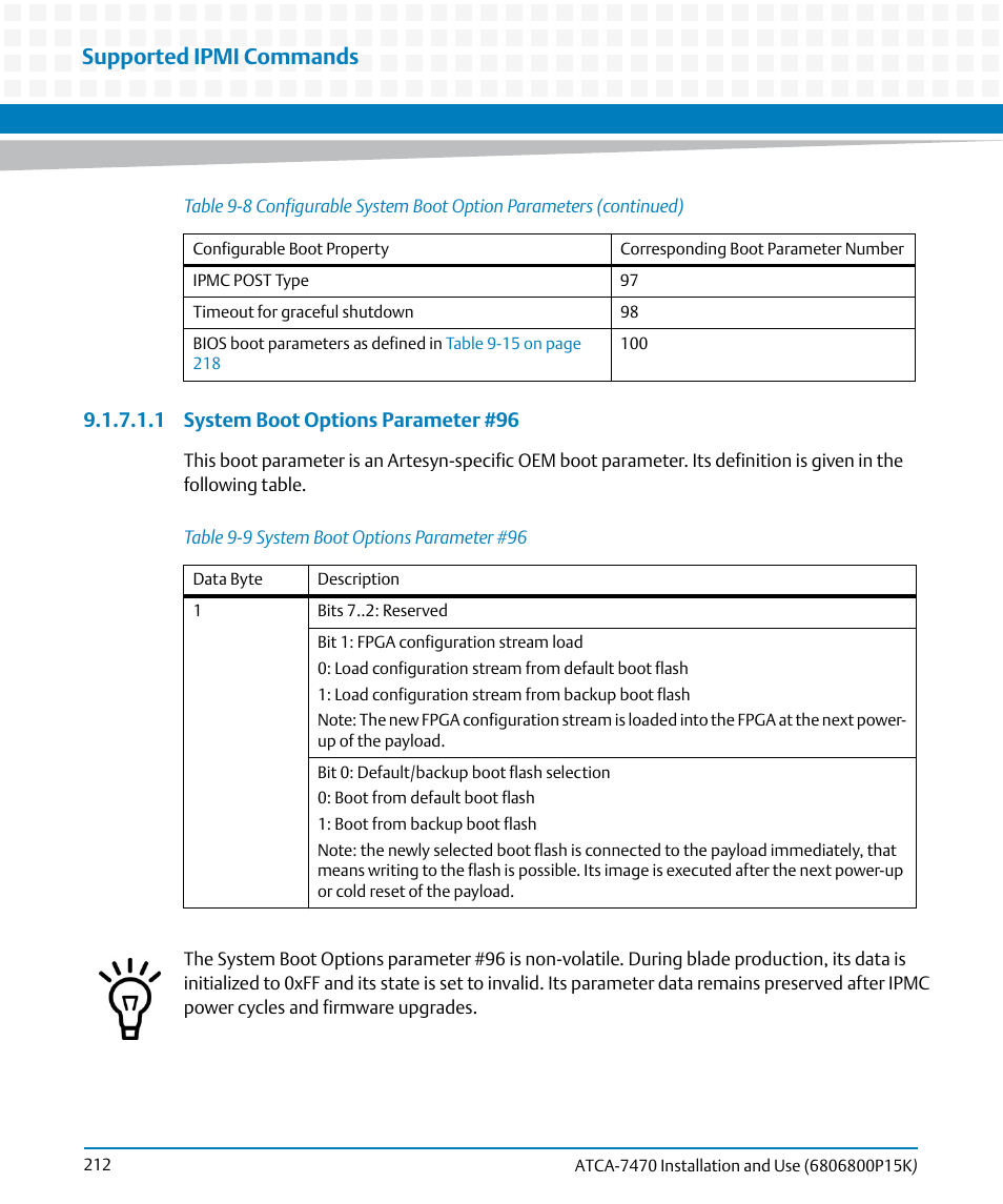 Table 9-9, System boot options parameter #96, Supported ipmi commands | Artesyn ATCA-7470 Installation and Use (October 2014) User Manual | Page 212 / 284