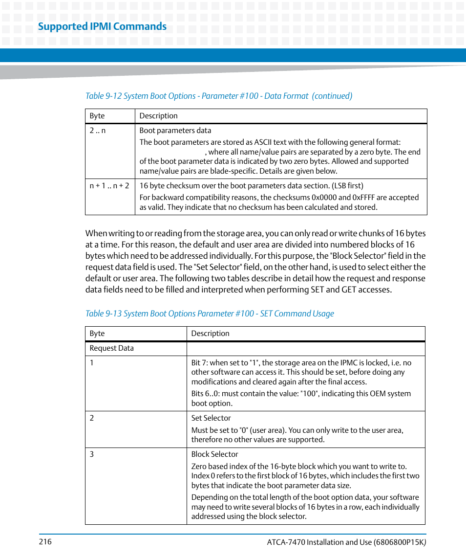 Table 9-13, Supported ipmi commands | Artesyn ATCA-7470 Installation and Use (October 2014) User Manual | Page 216 / 284