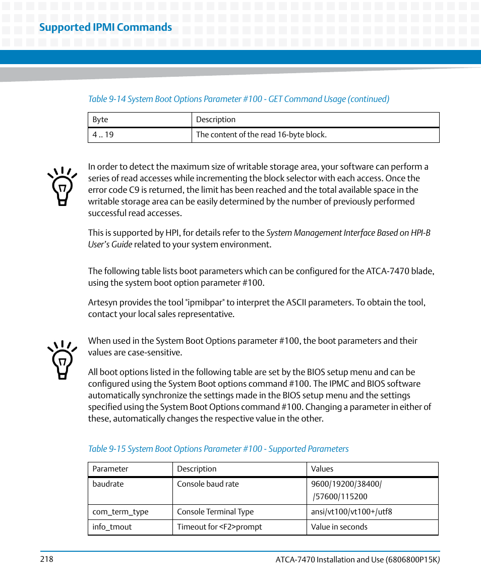 Table 9-15, Supported ipmi commands | Artesyn ATCA-7470 Installation and Use (October 2014) User Manual | Page 218 / 284