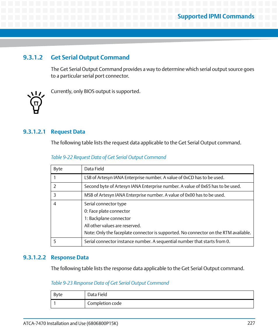 2 get serial output command, Table 9-22, Request data of get serial output command | Table 9-23, Response data of get serial output command, Get serial output command, Supported ipmi commands | Artesyn ATCA-7470 Installation and Use (October 2014) User Manual | Page 227 / 284