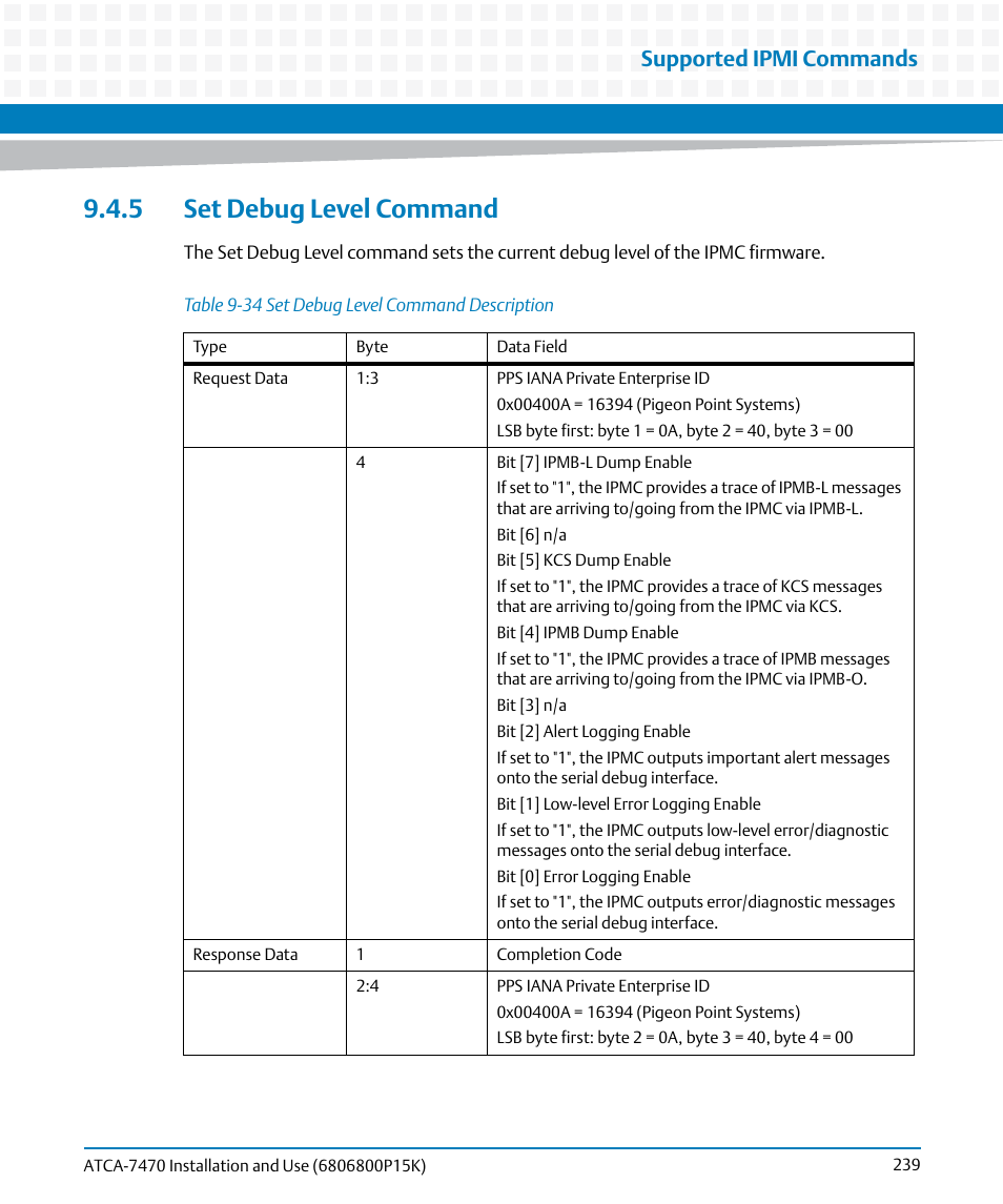 5 set debug level command, Table 9-34, Set debug level command description | Supported ipmi commands | Artesyn ATCA-7470 Installation and Use (October 2014) User Manual | Page 239 / 284