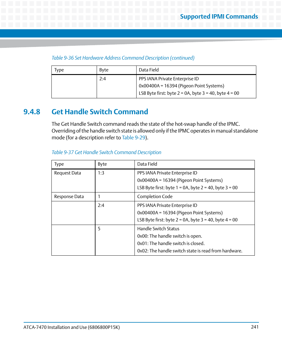 8 get handle switch command, Table 9-37, Get handle switch command description | Supported ipmi commands | Artesyn ATCA-7470 Installation and Use (October 2014) User Manual | Page 241 / 284