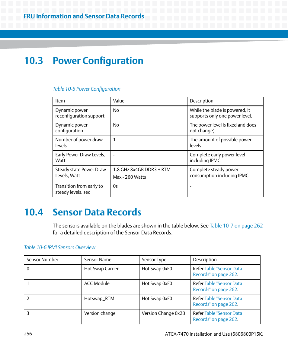 3 power configuration, 4 sensor data records, 3 power configuration 10.4 sensor data records | Table 10-5, Power configuration, Table 10-6, Ipmi sensors overview, Fru information and sensor data records | Artesyn ATCA-7470 Installation and Use (October 2014) User Manual | Page 256 / 284