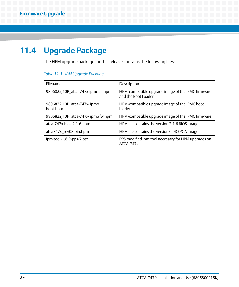 4 upgrade package, Table 11-1, Hpm upgrade package | Firmware upgrade | Artesyn ATCA-7470 Installation and Use (October 2014) User Manual | Page 276 / 284
