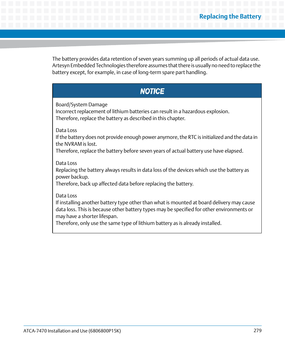 Replacing the battery | Artesyn ATCA-7470 Installation and Use (October 2014) User Manual | Page 279 / 284