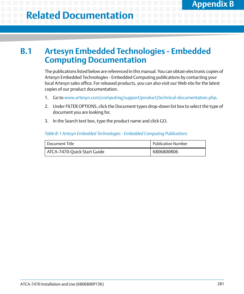 B related documentation, Related documentation, Table b-1 | Appendix b | Artesyn ATCA-7470 Installation and Use (October 2014) User Manual | Page 281 / 284