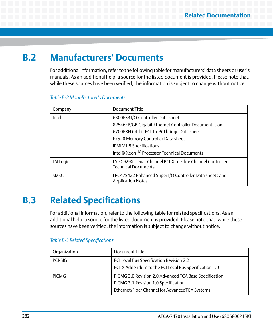 B.2 manufacturers’ documents, B.3 related specifications, Table b-2 | Manufacturer’s documents, Table b-3, Related specifications | Artesyn ATCA-7470 Installation and Use (October 2014) User Manual | Page 282 / 284