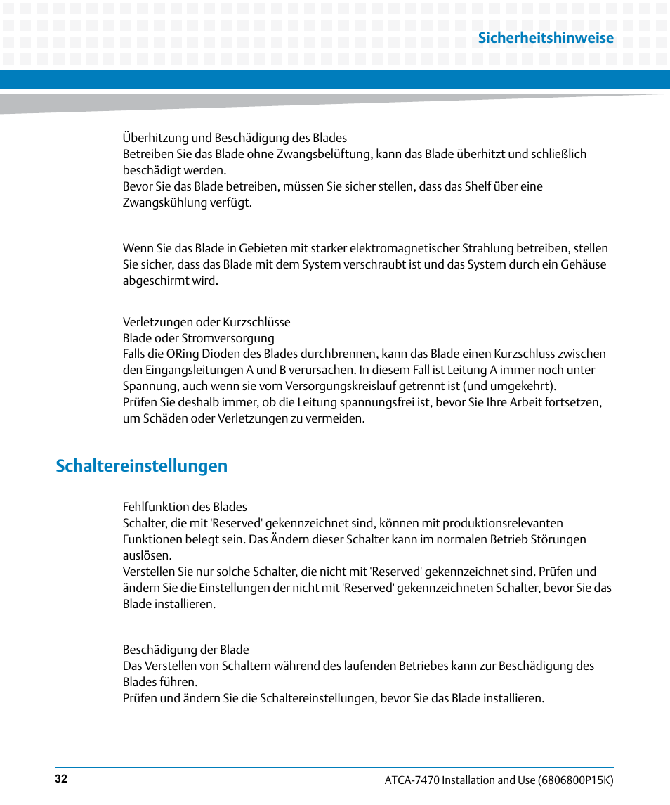 Schaltereinstellungen, Sicherheitshinweise | Artesyn ATCA-7470 Installation and Use (October 2014) User Manual | Page 32 / 284