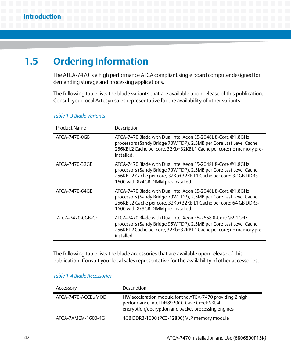 5 ordering information, Table 1-3, Blade variants | Table 1-4, Blade accessories, Introduction | Artesyn ATCA-7470 Installation and Use (October 2014) User Manual | Page 42 / 284