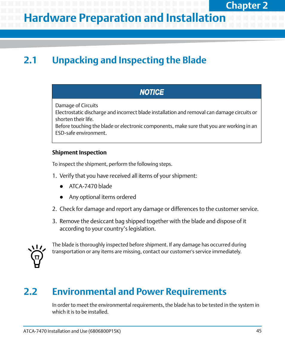 Hardware preparation and installation, 1 unpacking and inspecting the blade, 2 environmental and power requirements | Chapter 2 | Artesyn ATCA-7470 Installation and Use (October 2014) User Manual | Page 45 / 284