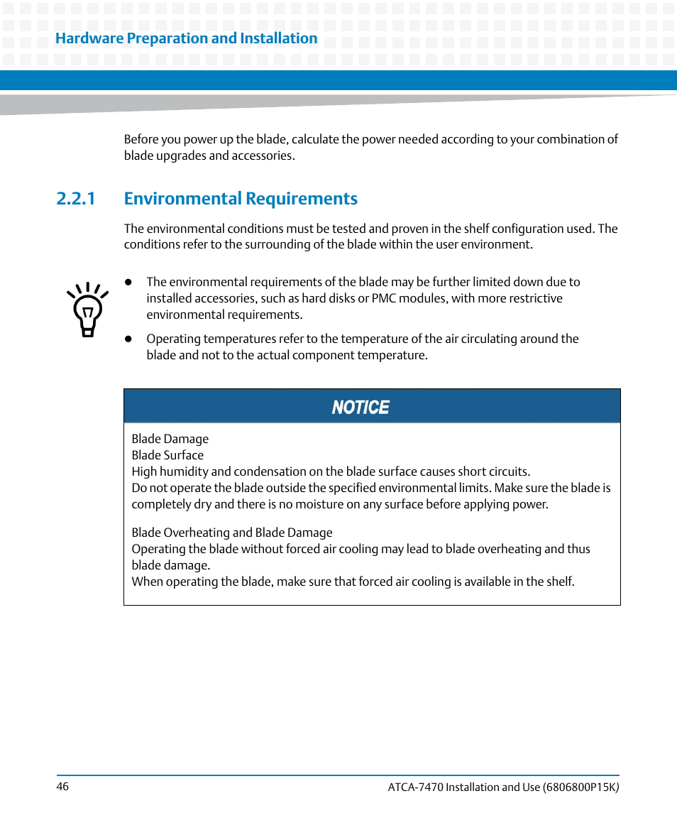 1 environmental requirements | Artesyn ATCA-7470 Installation and Use (October 2014) User Manual | Page 46 / 284