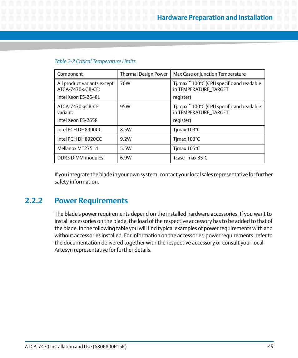 2 power requirements, Table 2-2, Critical temperature limits | Table "critical temperature, Hardware preparation and installation | Artesyn ATCA-7470 Installation and Use (October 2014) User Manual | Page 49 / 284