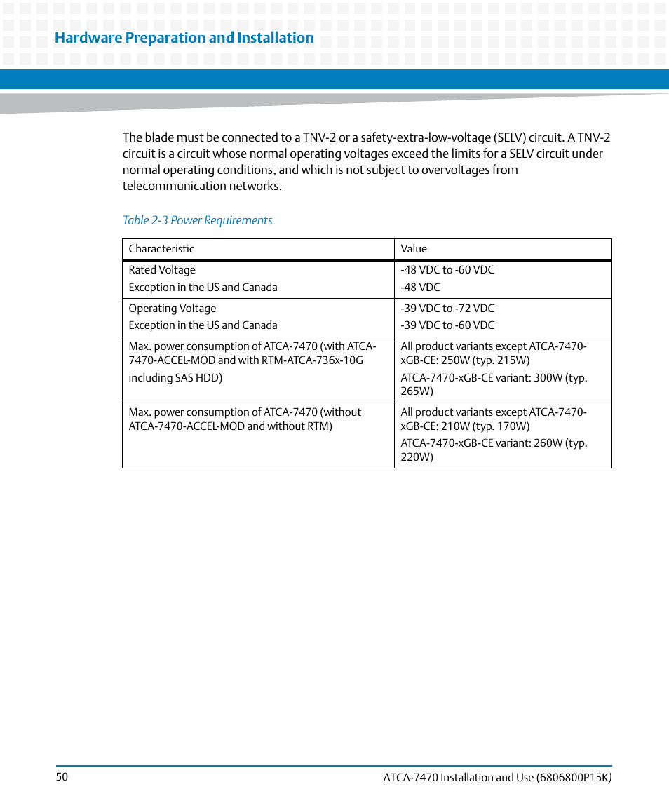 Table 2-3, Power requirements, Hardware preparation and installation | Artesyn ATCA-7470 Installation and Use (October 2014) User Manual | Page 50 / 284