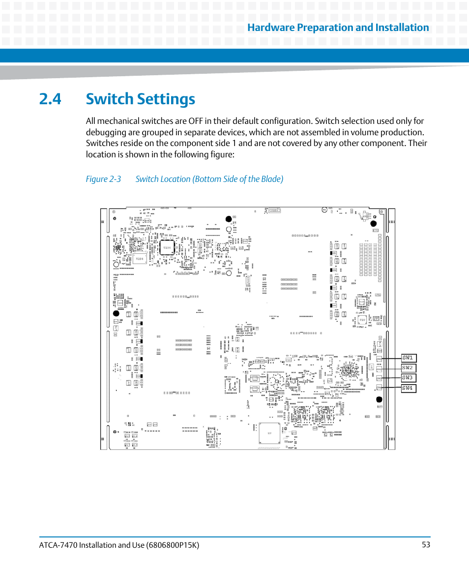 4 switch settings, Figure 2-3, Switch location (bottom side of the blade) | Artesyn ATCA-7470 Installation and Use (October 2014) User Manual | Page 53 / 284