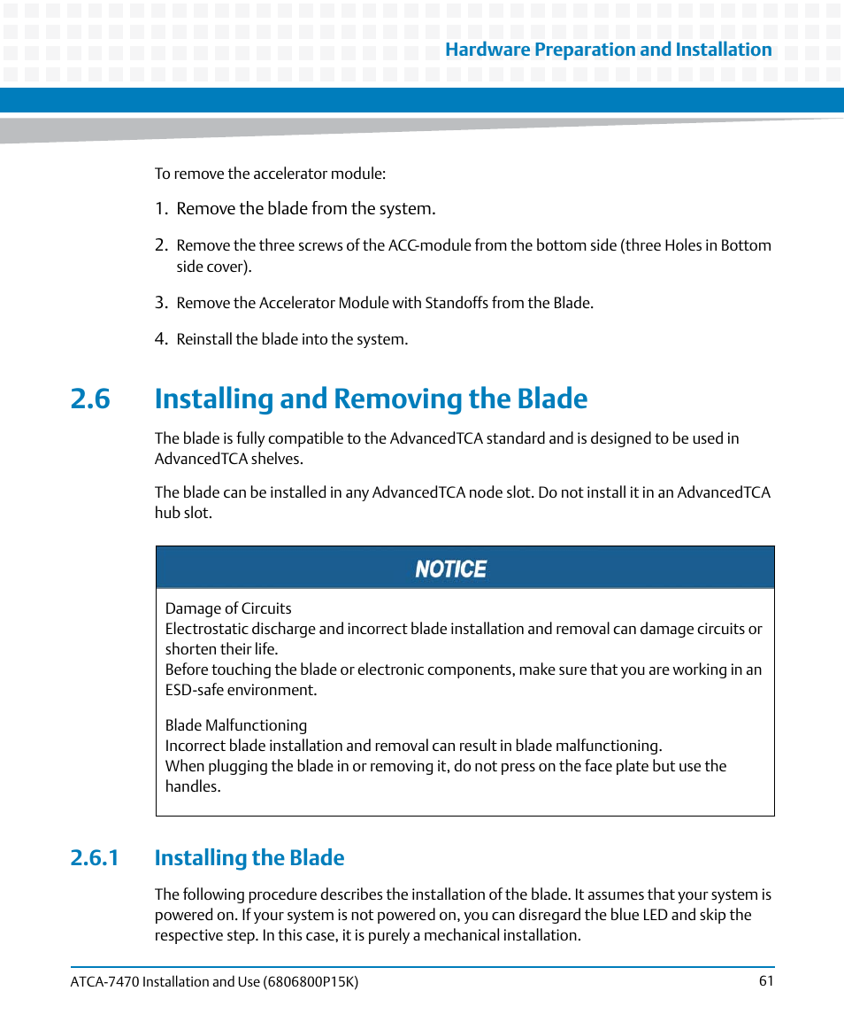 6 installing and removing the blade, 1 installing the blade, Installing and removing | The blade, Installing and removing the blade, Scribed in | Artesyn ATCA-7470 Installation and Use (October 2014) User Manual | Page 61 / 284