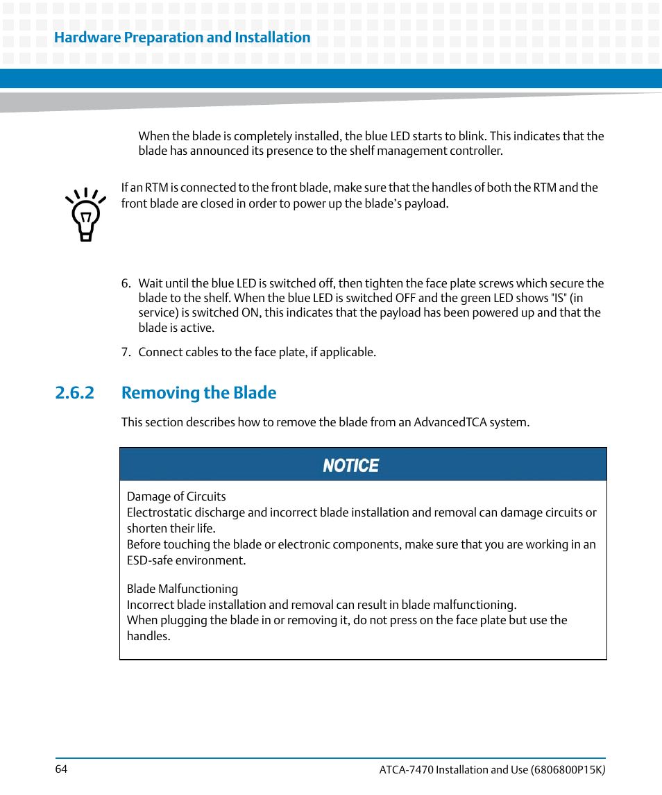 2 removing the blade | Artesyn ATCA-7470 Installation and Use (October 2014) User Manual | Page 64 / 284