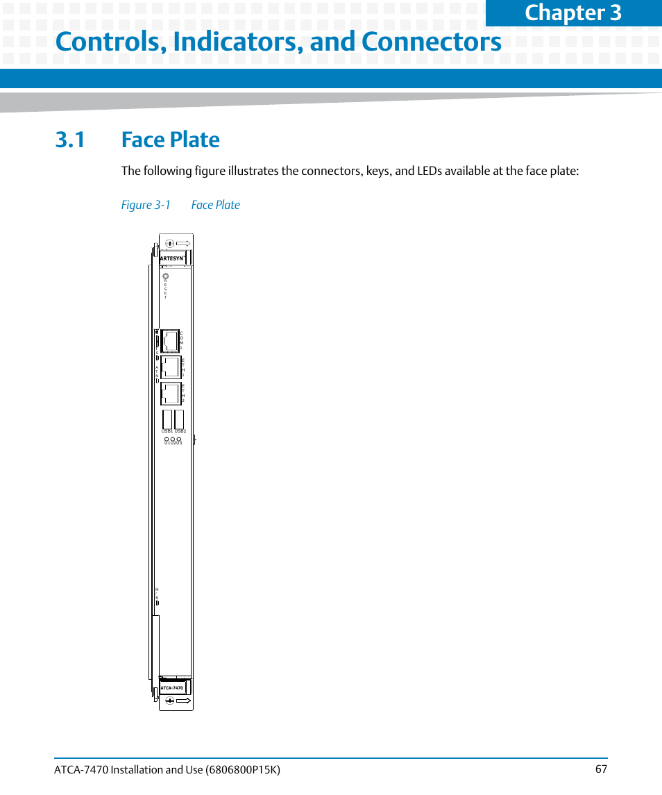 Controls, indicators, and connectors, 1 face plate, Figure 3-1 | Face plate, Chapter 3 | Artesyn ATCA-7470 Installation and Use (October 2014) User Manual | Page 67 / 284