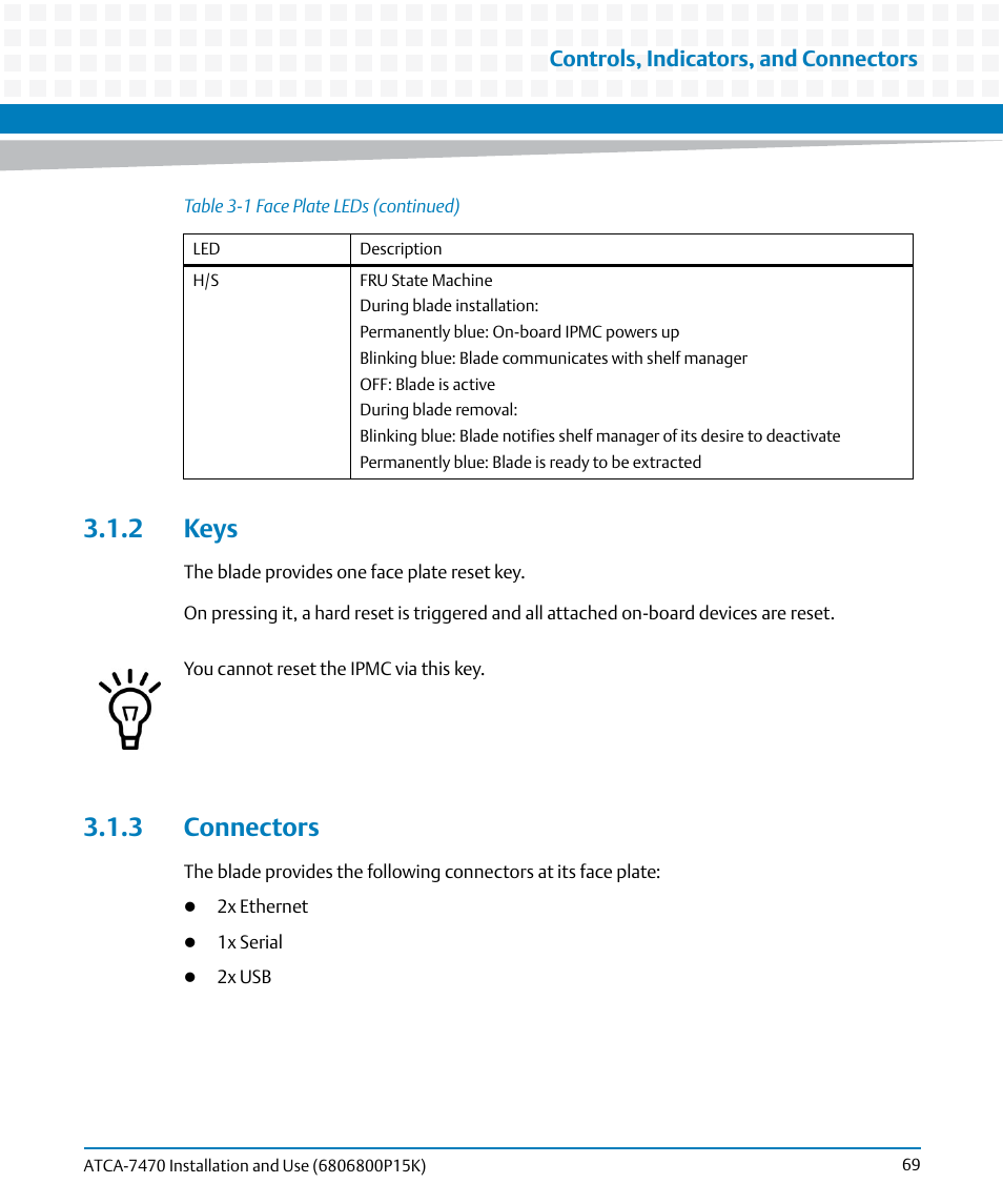 2 keys, 3 connectors, 2 keys 3.1.3 connectors | Artesyn ATCA-7470 Installation and Use (October 2014) User Manual | Page 69 / 284