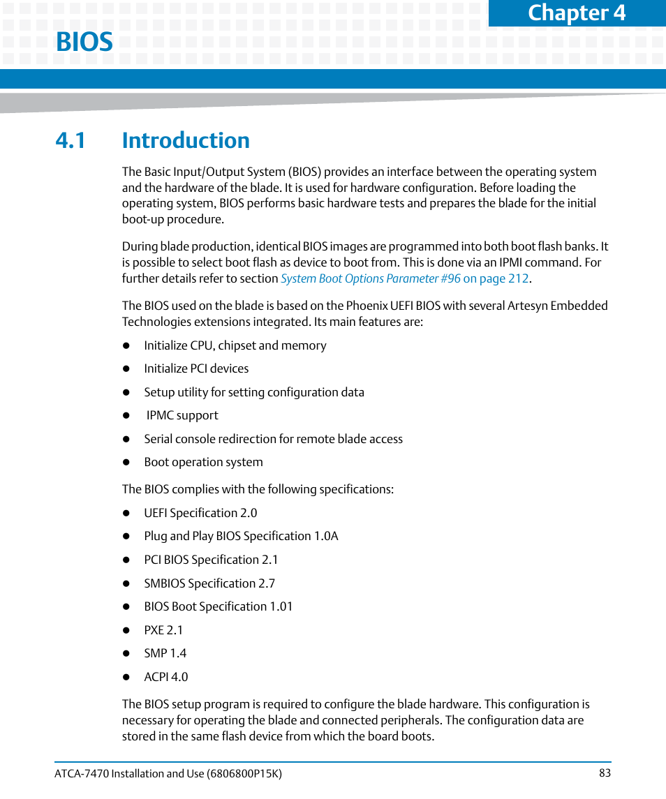 Bios, 1 introduction, Chapter 4 | Artesyn ATCA-7470 Installation and Use (October 2014) User Manual | Page 83 / 284