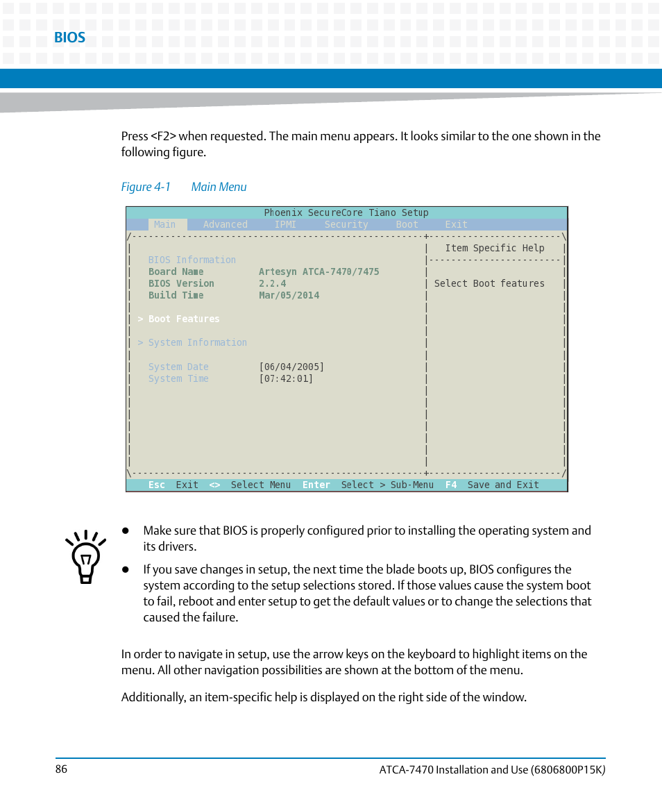 Figure 4-1, Main menu, Bios | Artesyn ATCA-7470 Installation and Use (October 2014) User Manual | Page 86 / 284