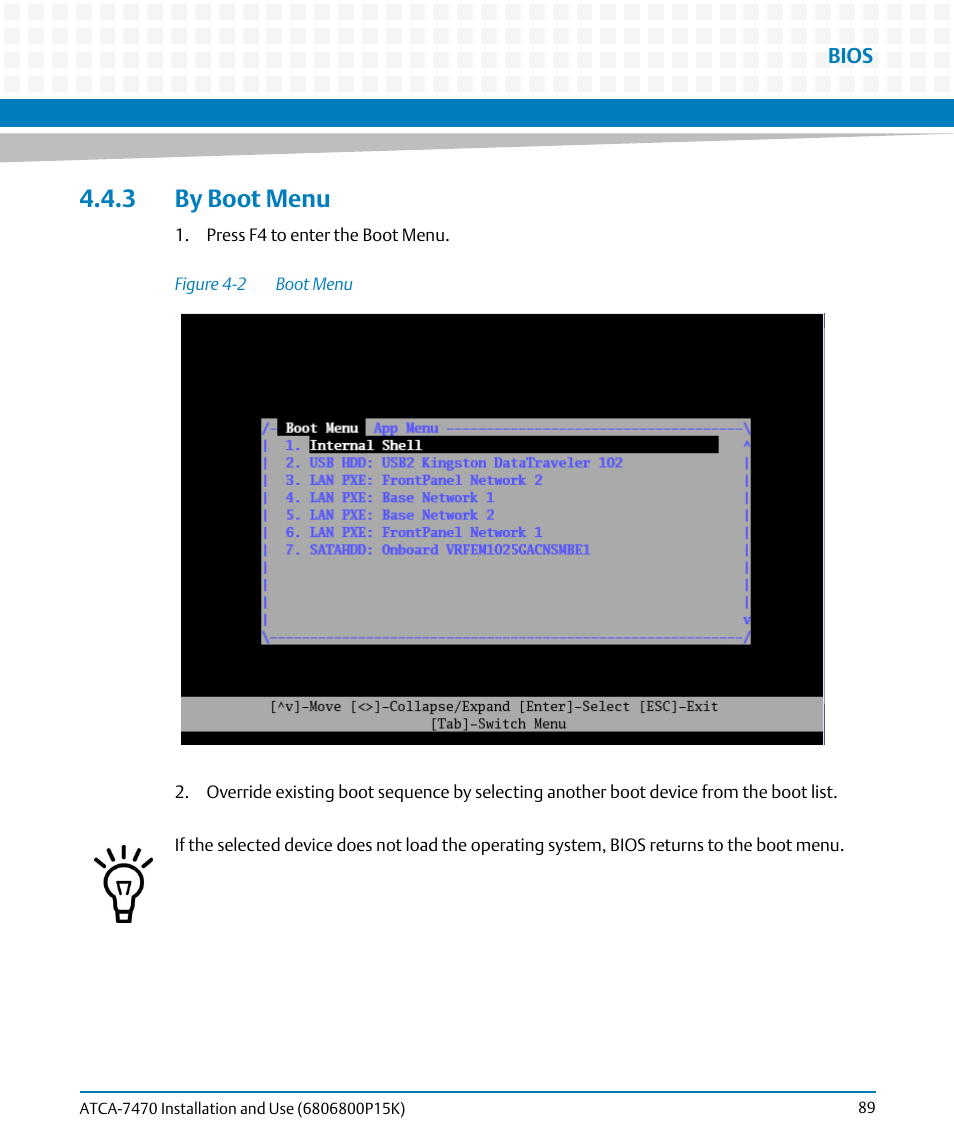 3 by boot menu, Figure 4-2, Boot menu | Artesyn ATCA-7470 Installation and Use (October 2014) User Manual | Page 89 / 284