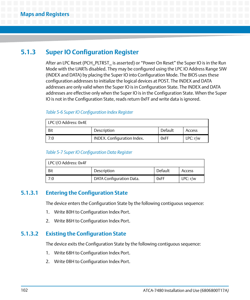 3 super io configuration register, 1 entering the configuration state, 2 existing the configuration state | Table 5-6, Super io configuration index register, Table 5-7, Super io configuration data register, Maps and registers | Artesyn ATCA-7480 Installation and Use (February 2015) User Manual | Page 102 / 330