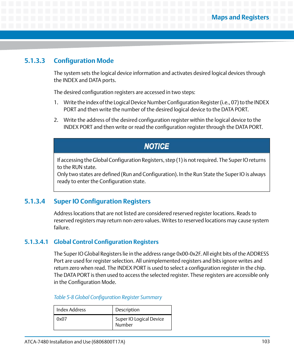 3 configuration mode, 4 super io configuration registers, Table 5-8 | Global configuration register summary, Maps and registers | Artesyn ATCA-7480 Installation and Use (February 2015) User Manual | Page 103 / 330