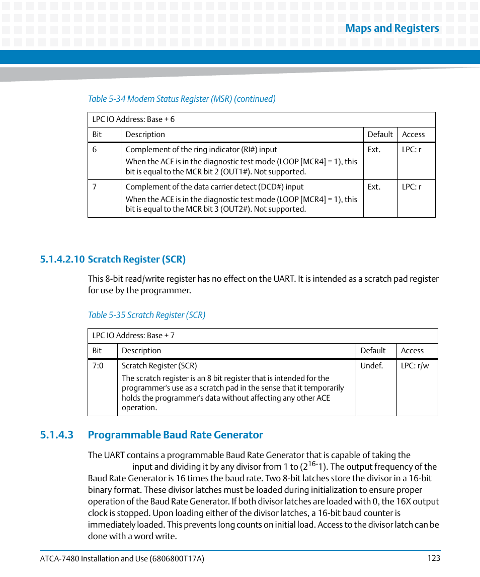 3 programmable baud rate generator, Table 5-35, Scratch register (scr) | Maps and registers | Artesyn ATCA-7480 Installation and Use (February 2015) User Manual | Page 123 / 330