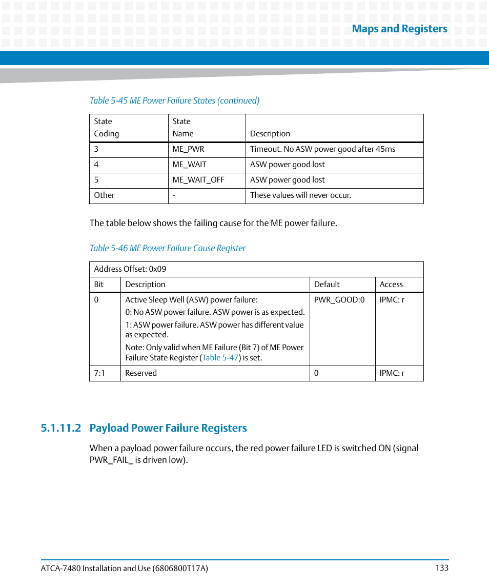 2 payload power failure registers, Table 5-46, Me power failure cause register | Maps and registers | Artesyn ATCA-7480 Installation and Use (February 2015) User Manual | Page 133 / 330