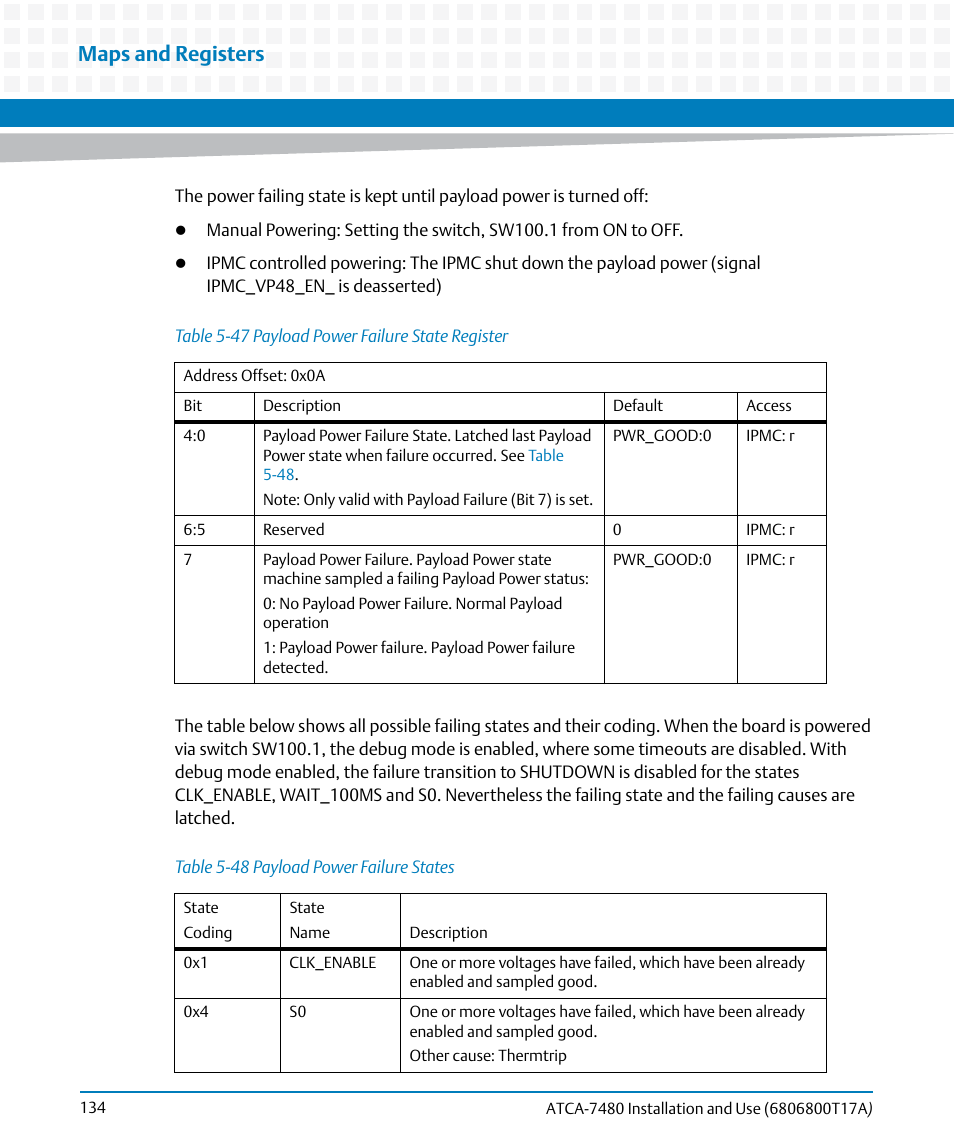 Table 5-47, Payload power failure state register, Table 5-48 | Payload power failure states, Table, Maps and registers | Artesyn ATCA-7480 Installation and Use (February 2015) User Manual | Page 134 / 330