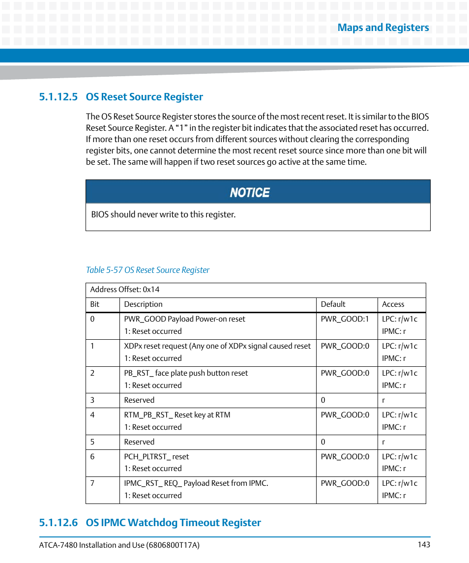 5 os reset source register, 6 os ipmc watchdog timeout register, Table 5-57 | Os reset source register, Maps and registers | Artesyn ATCA-7480 Installation and Use (February 2015) User Manual | Page 143 / 330