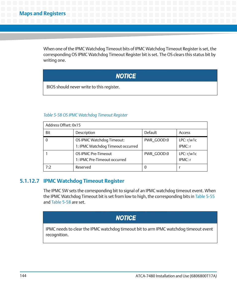 7 ipmc watchdog timeout register, Table 5-58, Os ipmc watchdog timeout register | Maps and registers | Artesyn ATCA-7480 Installation and Use (February 2015) User Manual | Page 144 / 330