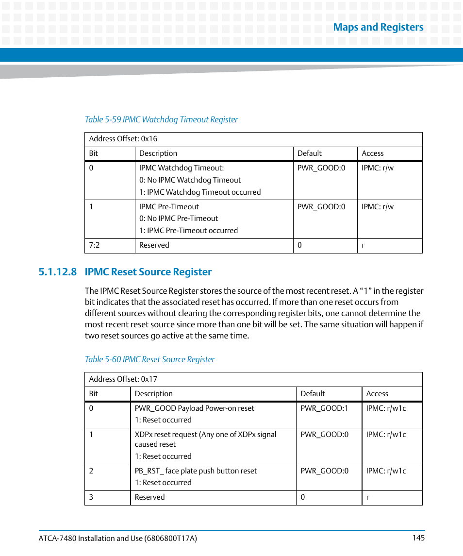 8 ipmc reset source register, Table 5-59, Ipmc watchdog timeout register | Table 5-60, Ipmc reset source register, Table, Maps and registers | Artesyn ATCA-7480 Installation and Use (February 2015) User Manual | Page 145 / 330