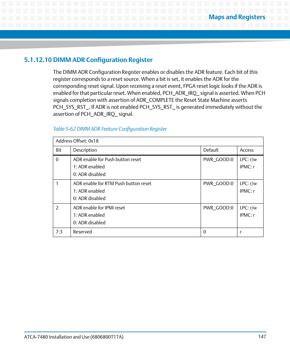 10 dimm adr configuration register, 10dimm adr configuration register, Table 5-62 | Dimm adr feature configuration register, Maps and registers | Artesyn ATCA-7480 Installation and Use (February 2015) User Manual | Page 147 / 330