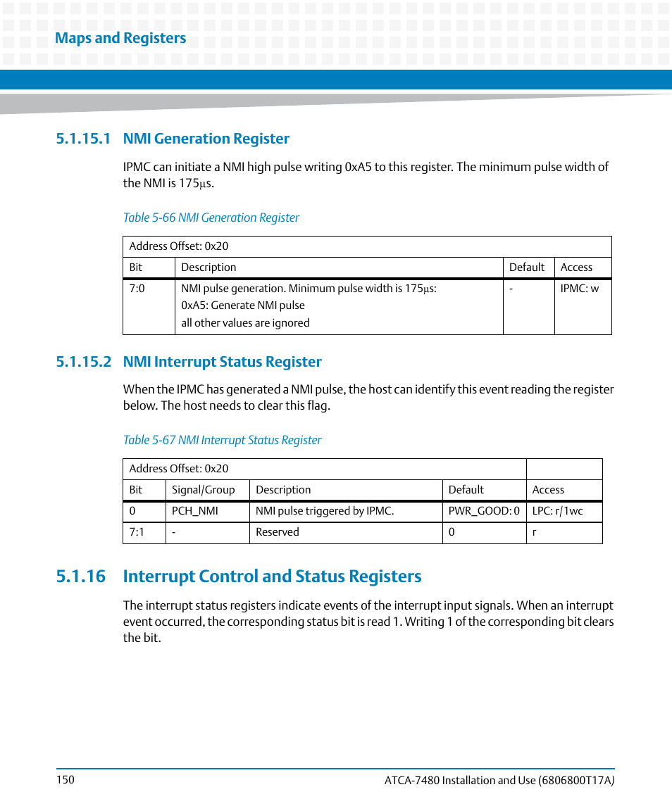 1 nmi generation register, 2 nmi interrupt status register, 16 interrupt control and status registers | Table 5-66, Nmi generation register, Table 5-67, Nmi interrupt status register, Maps and registers | Artesyn ATCA-7480 Installation and Use (February 2015) User Manual | Page 150 / 330