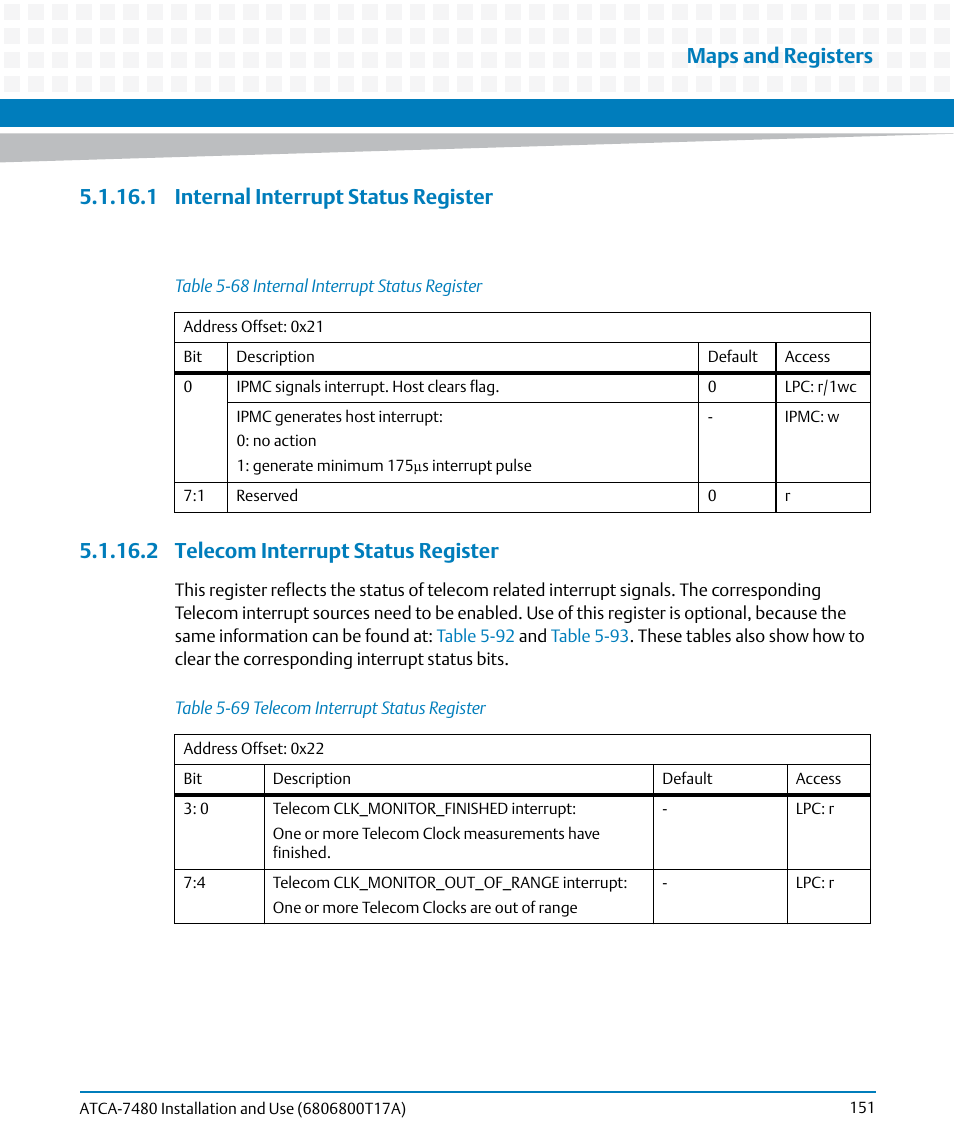 1 internal interrupt status register, 2 telecom interrupt status register, Table 5-68 | Internal interrupt status register, Table 5-69, Telecom interrupt status register, Maps and registers | Artesyn ATCA-7480 Installation and Use (February 2015) User Manual | Page 151 / 330