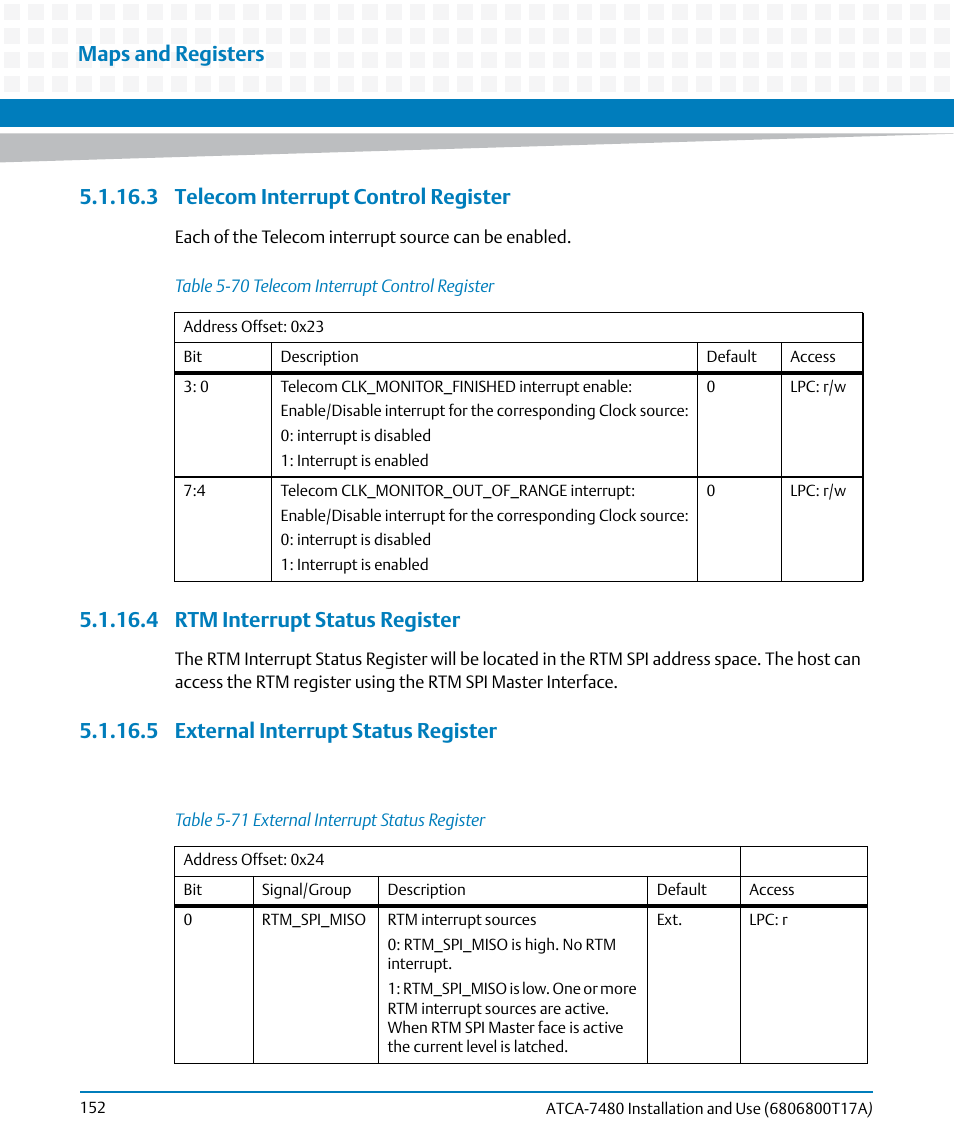 3 telecom interrupt control register, 4 rtm interrupt status register, 5 external interrupt status register | Table 5-70, Telecom interrupt control register, Table 5-71, External interrupt status register, Maps and registers | Artesyn ATCA-7480 Installation and Use (February 2015) User Manual | Page 152 / 330