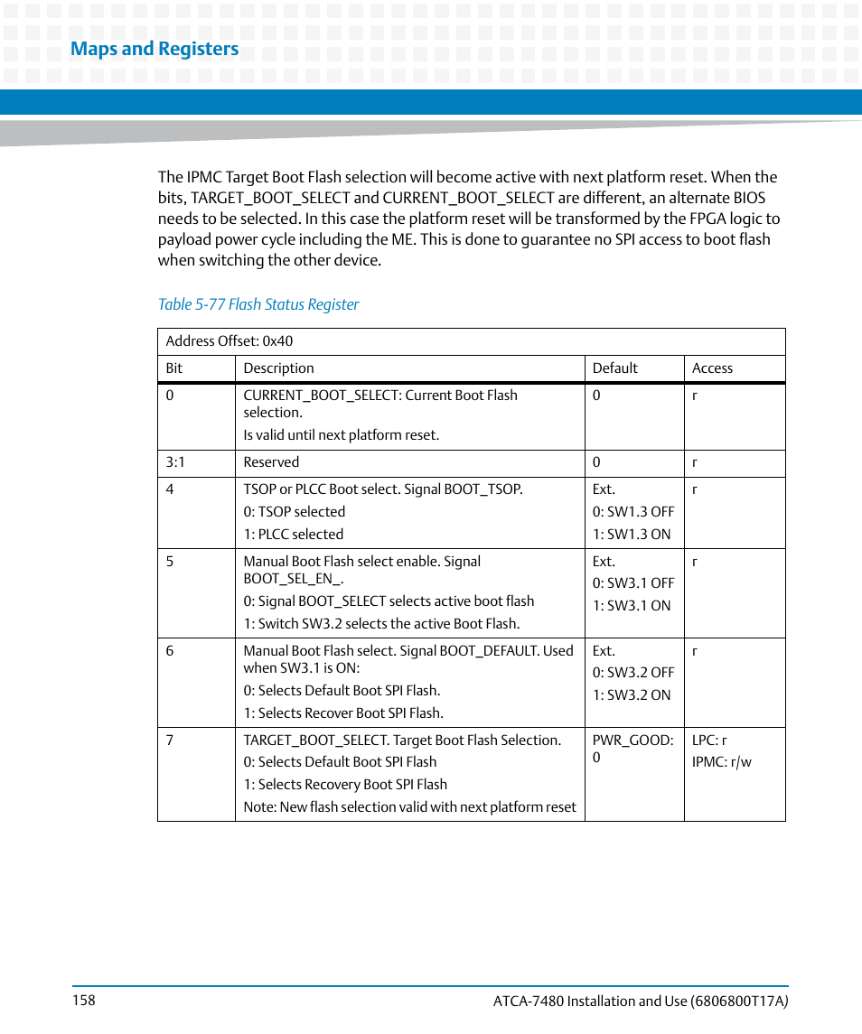 Table 5-77, Flash status register, Maps and registers | Artesyn ATCA-7480 Installation and Use (February 2015) User Manual | Page 158 / 330