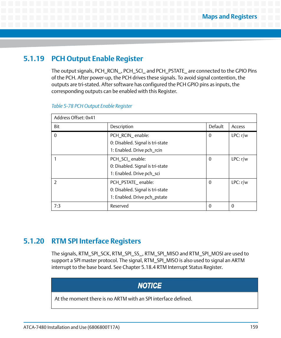 19 pch output enable register, 20 rtm spi interface registers, Table 5-78 | Pch output enable register, Maps and registers | Artesyn ATCA-7480 Installation and Use (February 2015) User Manual | Page 159 / 330