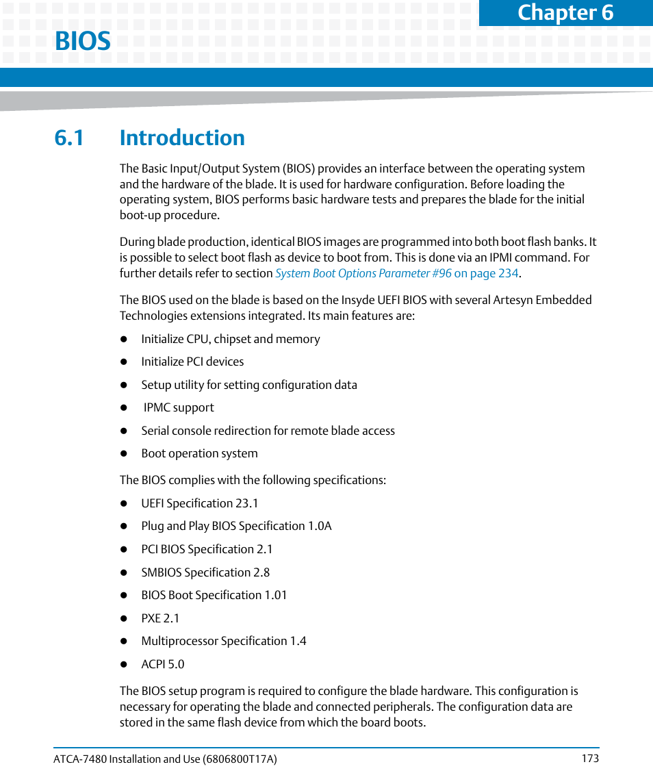 Bios, 1 introduction, Chapter 6 | Artesyn ATCA-7480 Installation and Use (February 2015) User Manual | Page 173 / 330