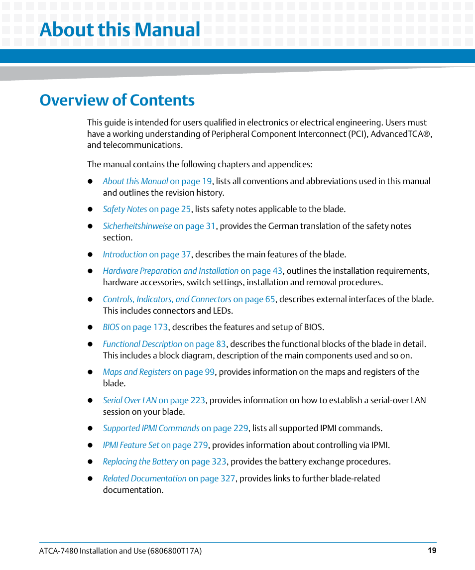 About this manual, Overview of contents | Artesyn ATCA-7480 Installation and Use (February 2015) User Manual | Page 19 / 330