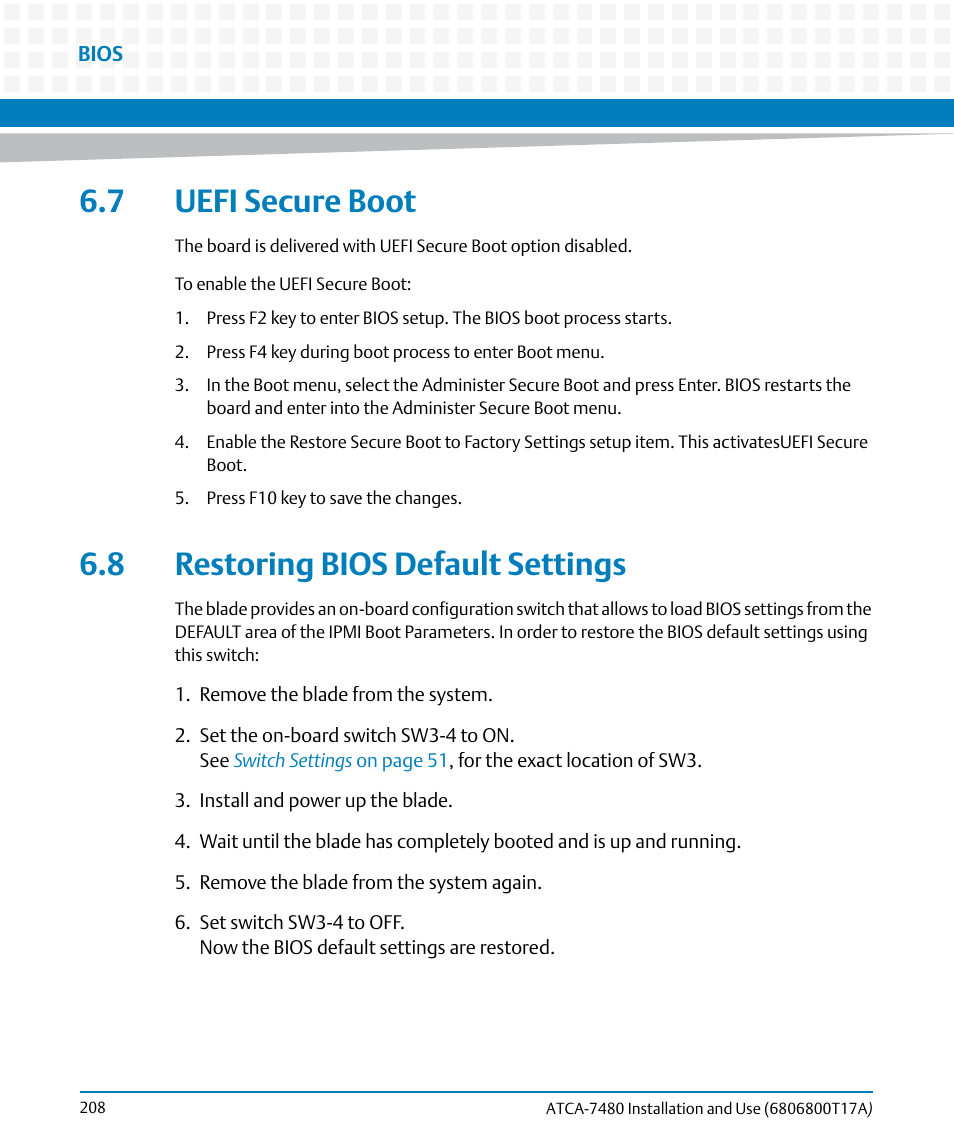 7 uefi secure boot, 8 restoring bios default settings | Artesyn ATCA-7480 Installation and Use (February 2015) User Manual | Page 208 / 330